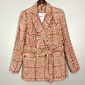 Free People Belted Plaid Peacoat Women’s Size M Linen Blend Coat Jacket Lined